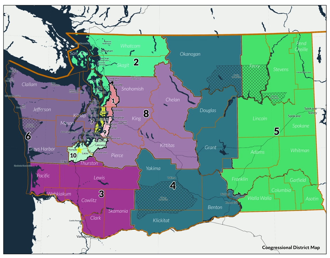 Map showing Washington state district boundaries