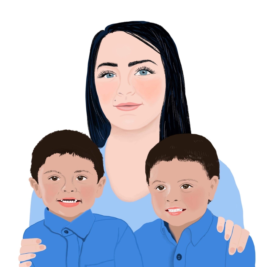 Drawing of young woman with light skin, long dark hair, and long eyelashes, with hands on shoulders of two young darker-skinned boys in blue shirts