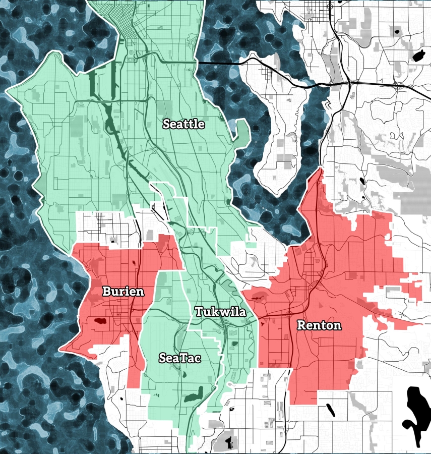 Map showing location of Seattle, Burien, Tukwila, SeaTac, and Renton in relation to each other