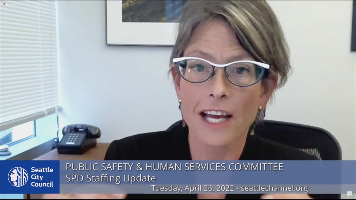 Screenshot of Sara Nelson sitting by window and desk; chyron reads, "Public Safety & Human Services Committee/ SPD Staffing Update"