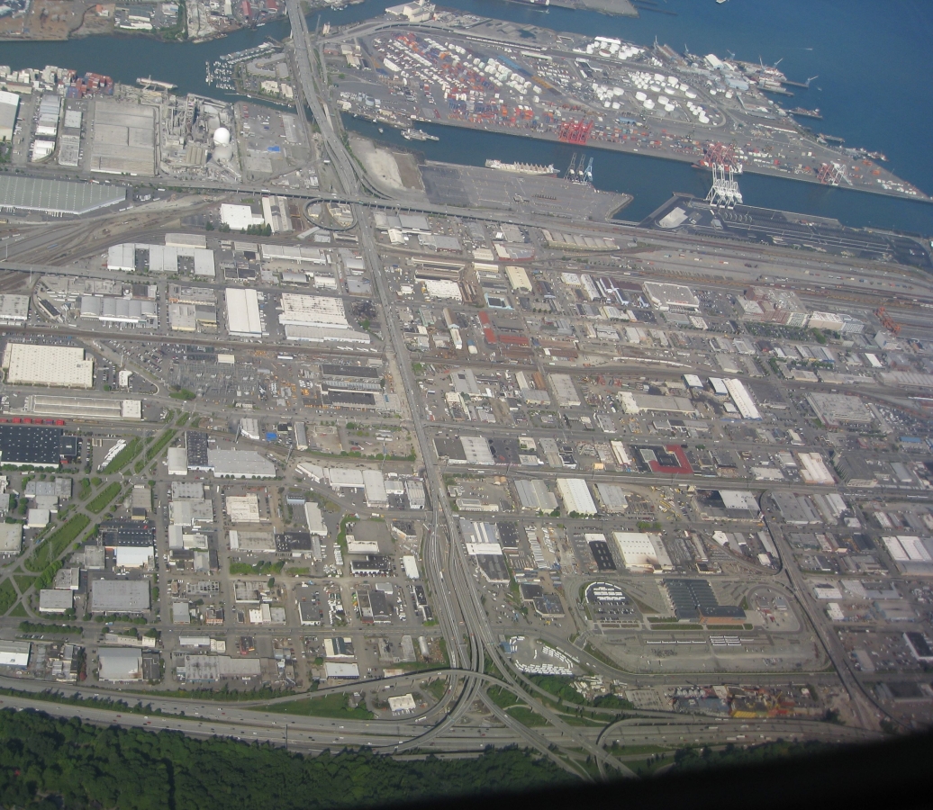 A drone shot of Seattle's SoDo industrial neighborhood