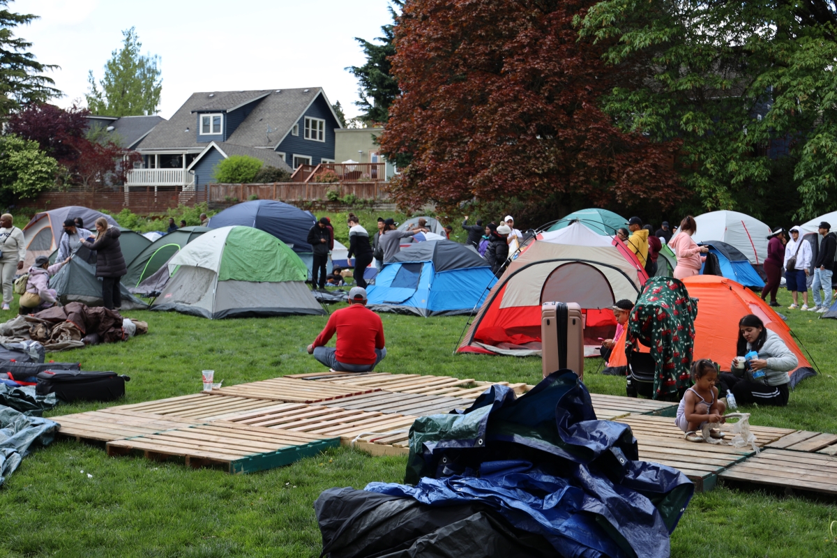 Asylum-seekers hastily erected tents at Powell Barnett Park in the Central District on the afternoon of April 29 after their hotel stay in Kent ran out. At one point, 300 to 400 people were living at the park in tents.
