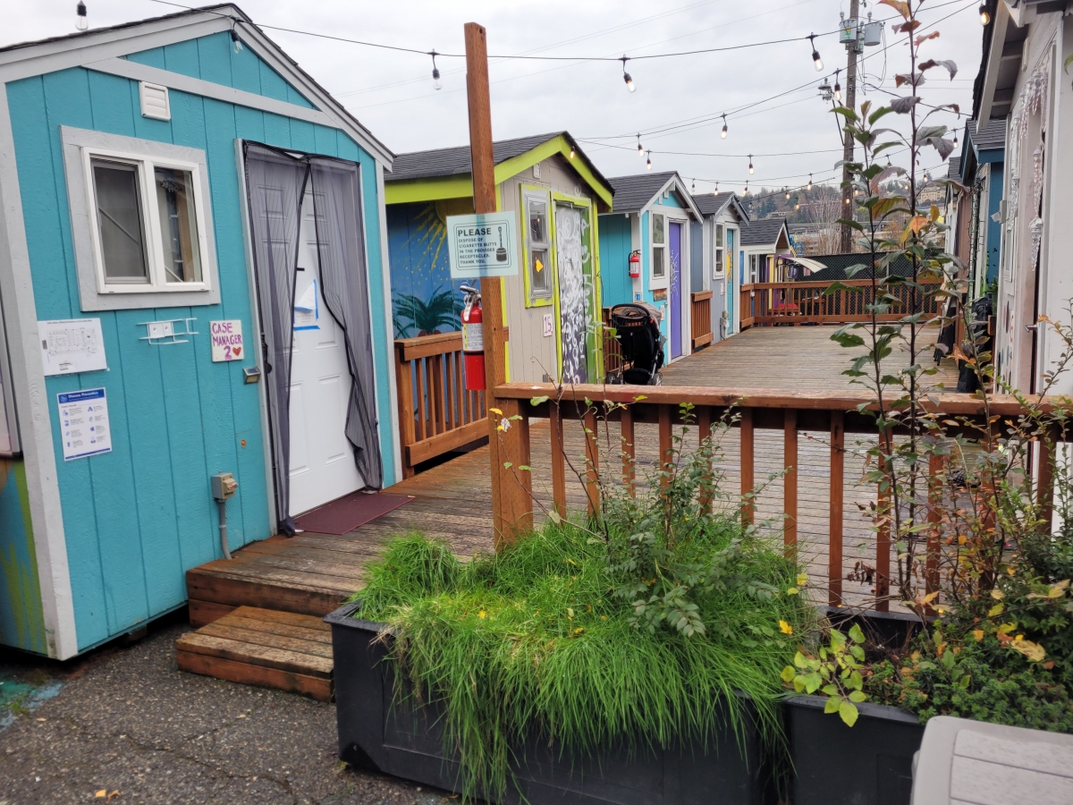 Two rows of tiny houses facing each other across a rain-damp deck