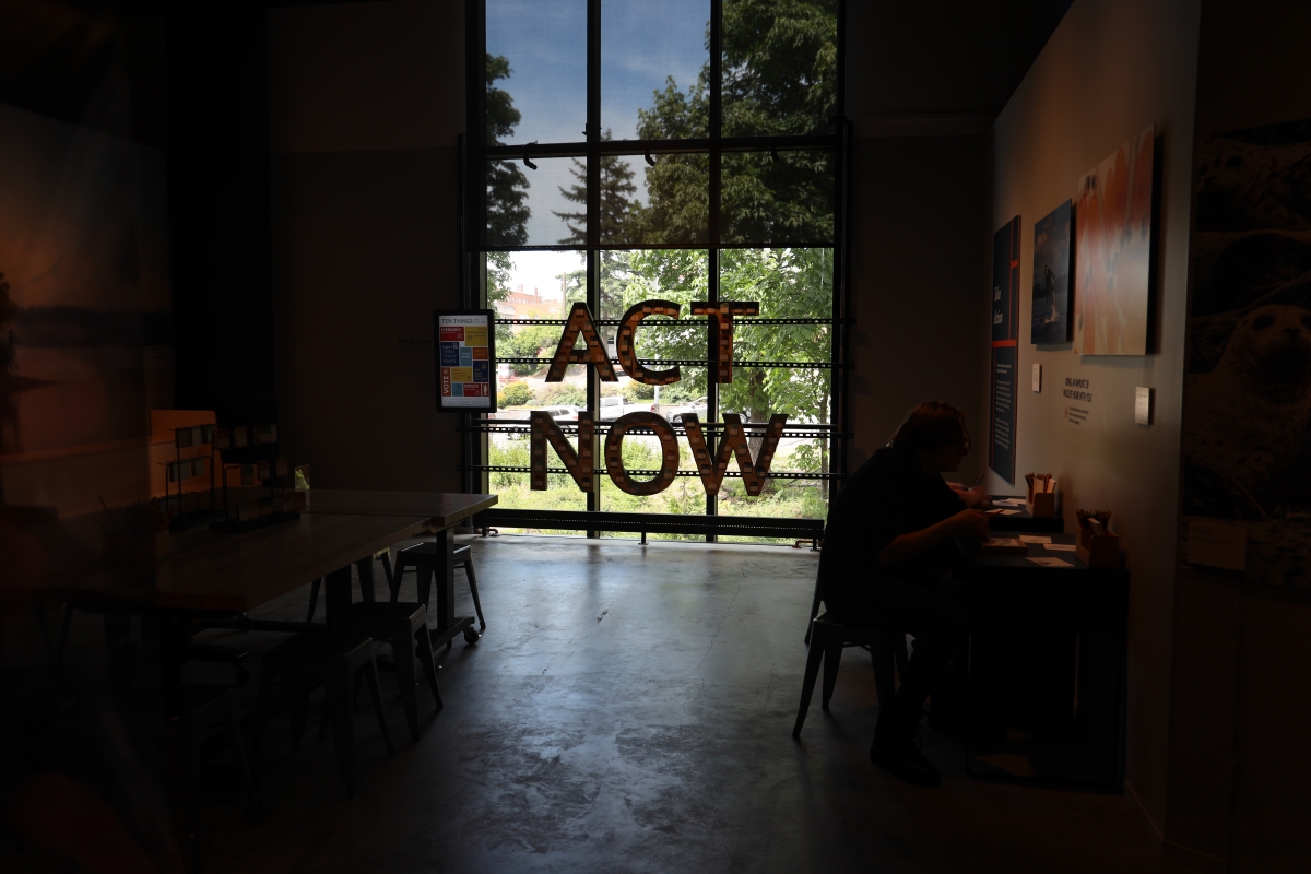 Photograph of gallery space in heavy shadow with lit-up window at end emblazoned with message, "Act Now"