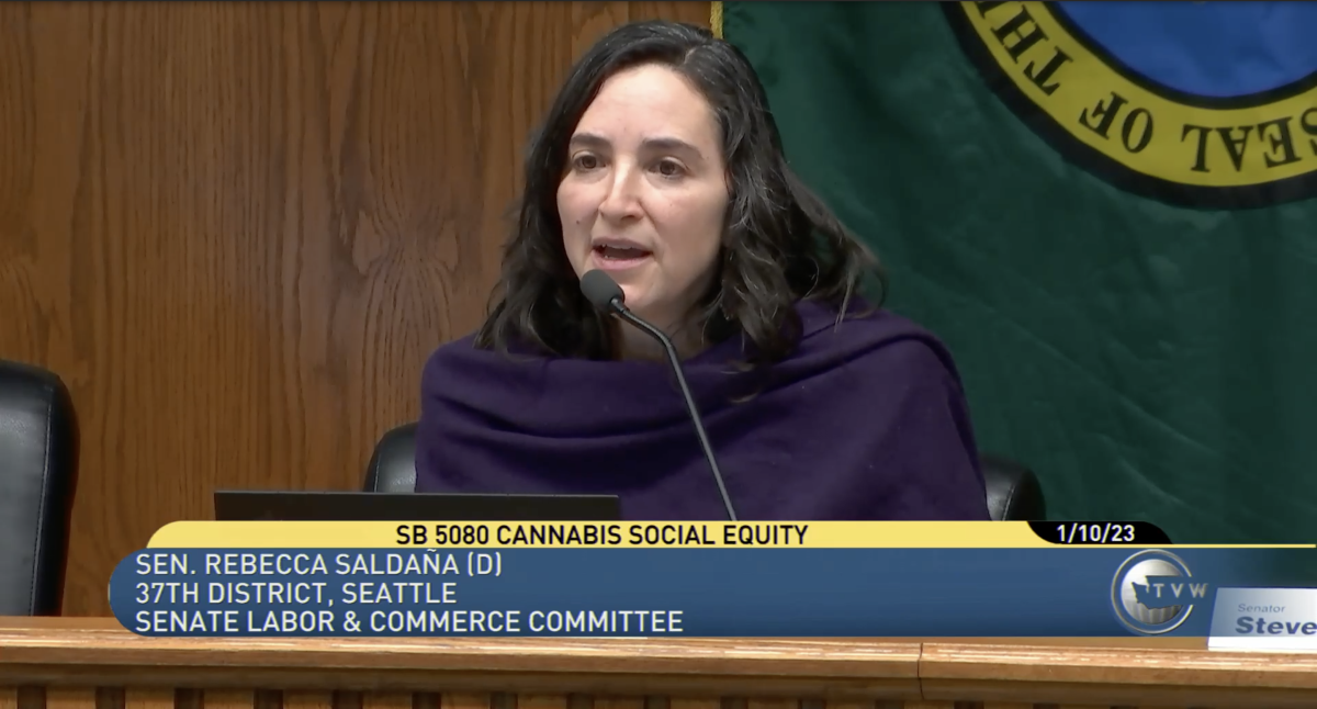 Rebecca Saldana, hair down and dressed in a dark shawl, sits and speaks into a mic.