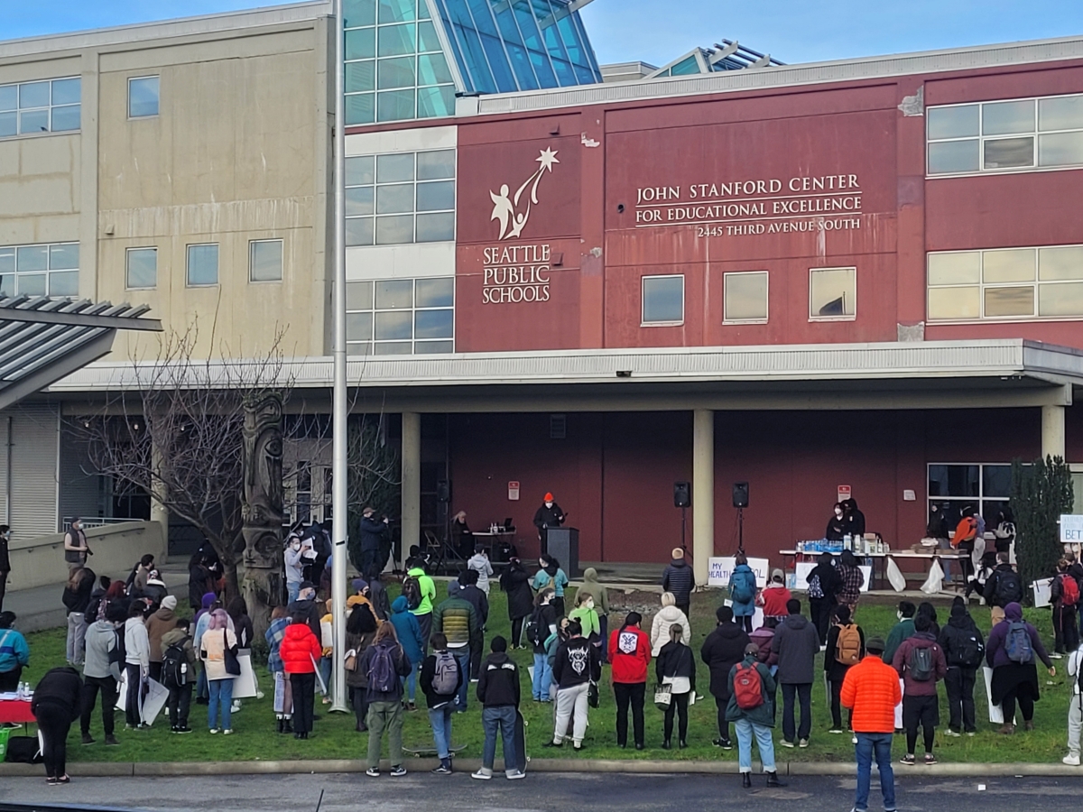 A student walkout in front of Seattle Public Schools' John Stanford Center for Excellence