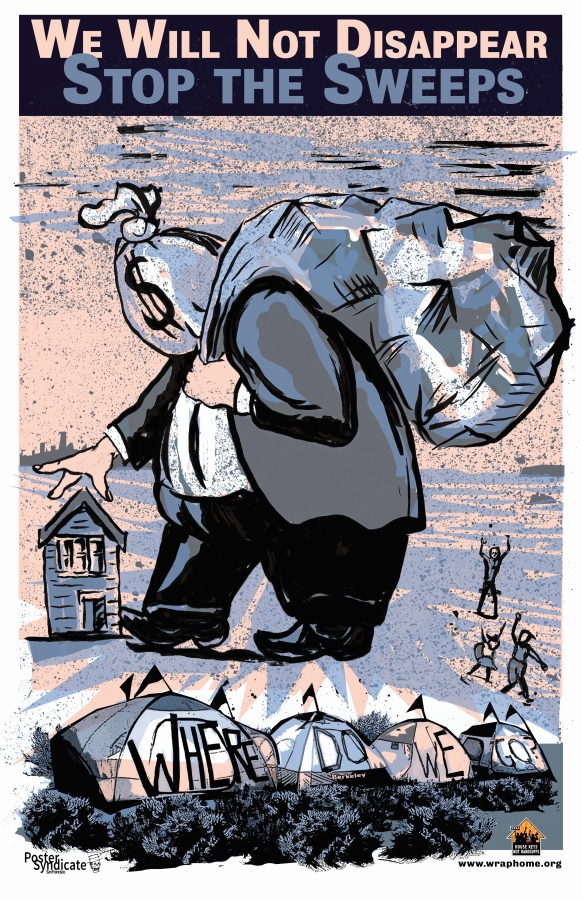 Poster-style art depicting fat white man with money bag for a head plucking up a house while below him, a row of four tents bear signs reading, "Where Do We Go?"