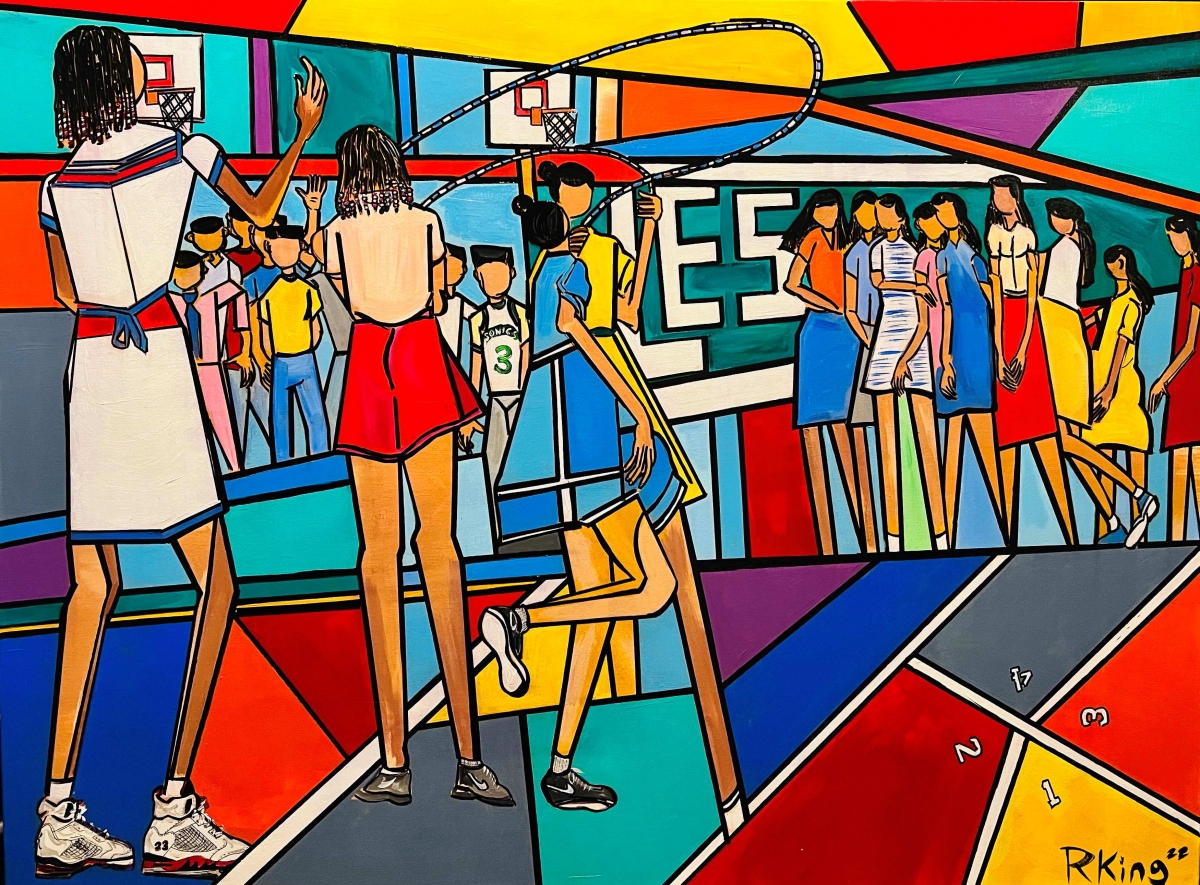 Painting showing people standing in gym space, some playing with jump rope
