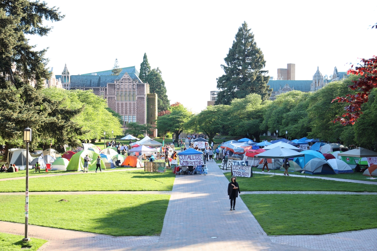 The UW Seattle “liberated zone” encampment in the Quad grew to more than 50 tents and 100 participants by the evening of May 2.