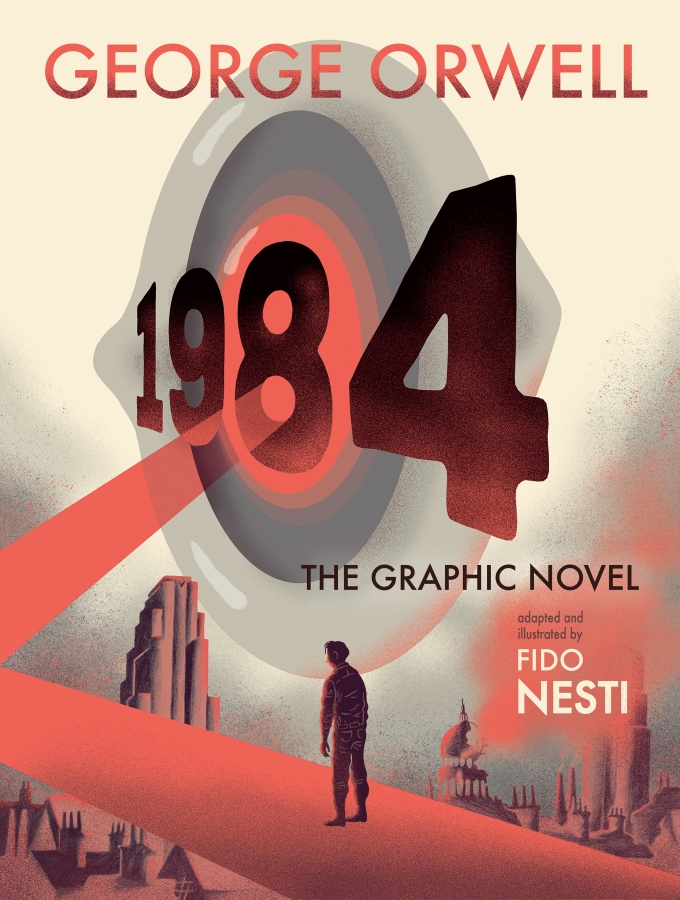 Cover of Fido Nesti's graphic-novel version of Orwell's "1984," showing lone figure in futuristic landscape in hues of orange, beige, gray