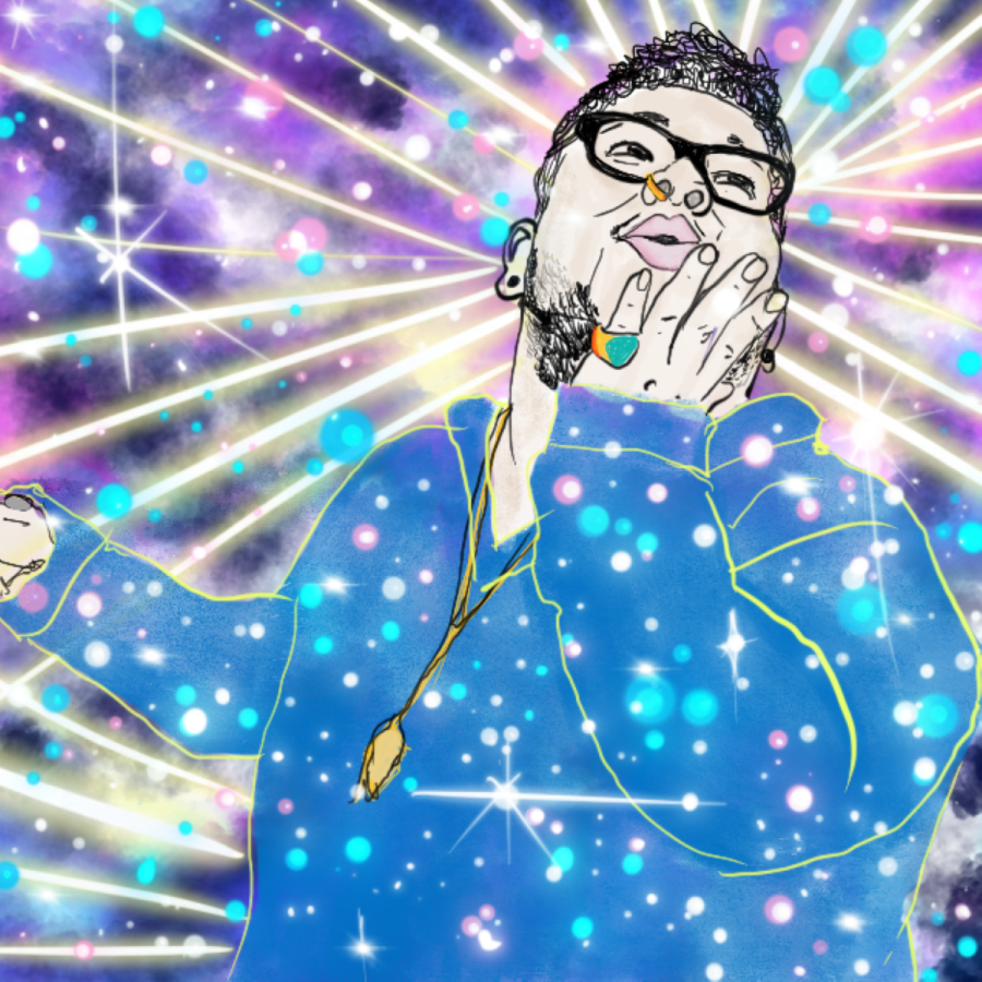 A drawing of a fat Afro-Latinx femme trans person, wearing a blue shirt punctuated by stars, purple and blue sky shot through with white beams of light, cupping their face with one hand.