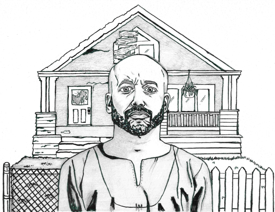 Drawing of bearded Black man standing in front of a house, the left side of which shows boarded-up windows and a chain-link fence, while the right side is well maintained with a hanging plant and a white picket fence