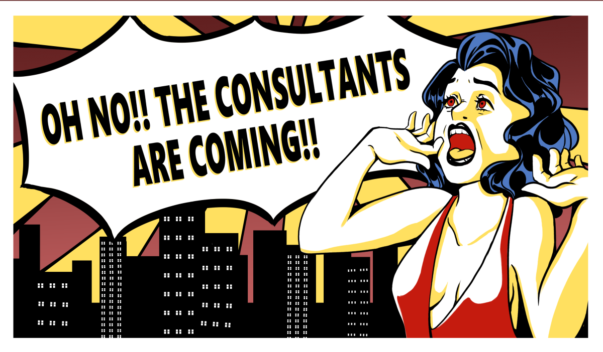 Cartoon in Roy Lichtenstein style showing curvy woman in low-cut dress looking alarmed, under word balloon that says, "Oh no!! The consultants are coming!"