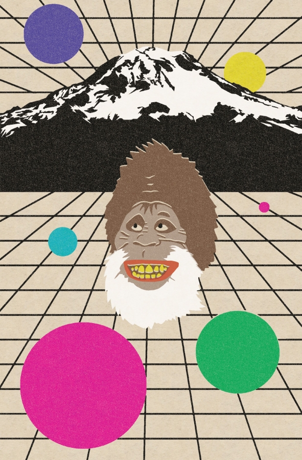Drawing of head of caveman-looking creature suspended in front of a stylized snow-capped mountain