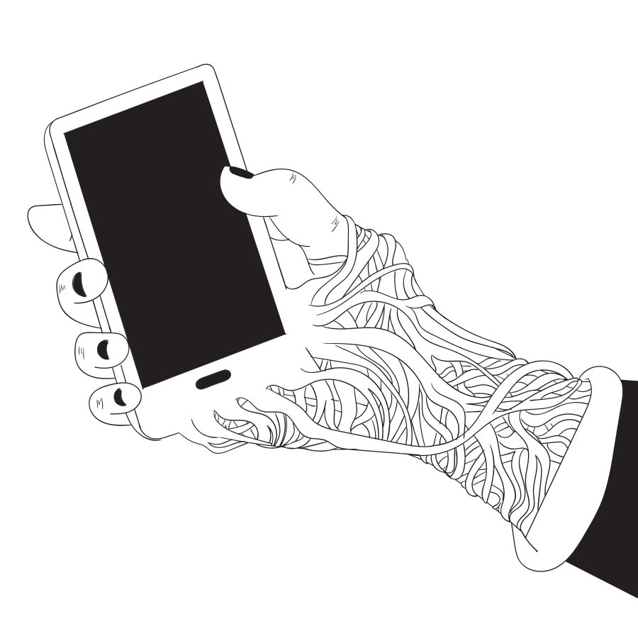Drawing of hand with dark-painted fingernails holding a cell phone; hand and wrist are covered in overlapping veins or roots
