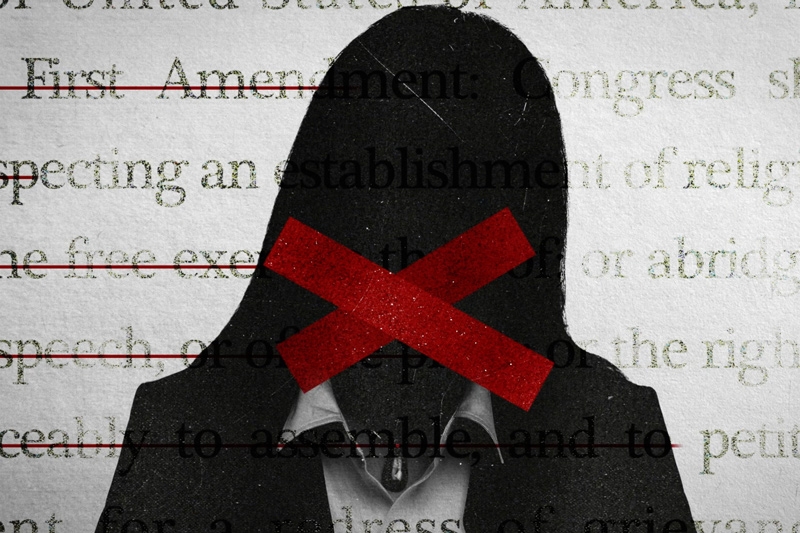 Art showing a woman's head in shadow, with red-taped X over the area where her mouth would be, against a backdrop of words with the phrase "First Amendment" visible with a cross-out through it