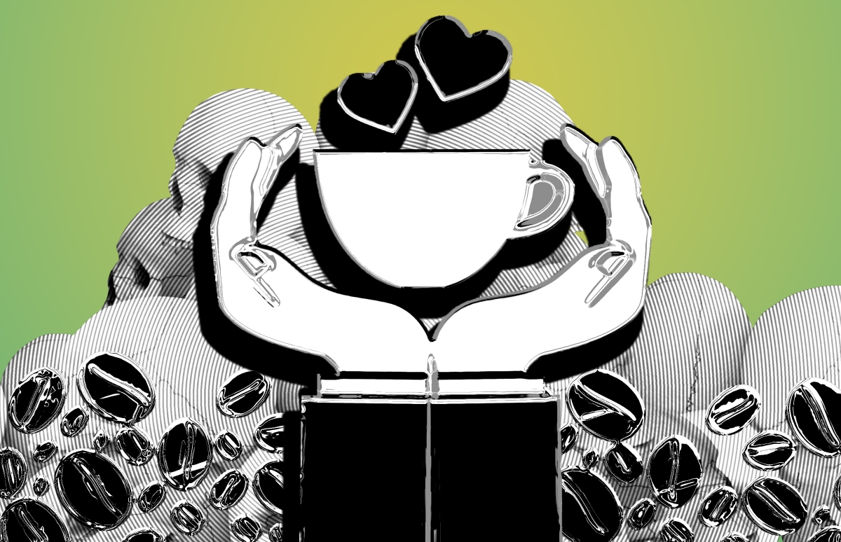 Pixelated image of coffee cup being held with two hands, with hearts above cup, with skulls and coffee beans in background
