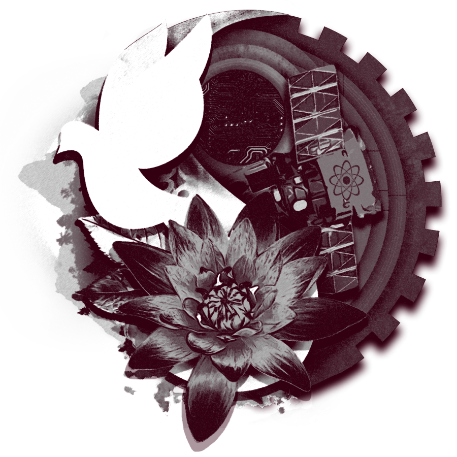 An illustration combining a dove, a flower, circuit boards, chips, a nuclear radiation icon, and a large gear wheel.
