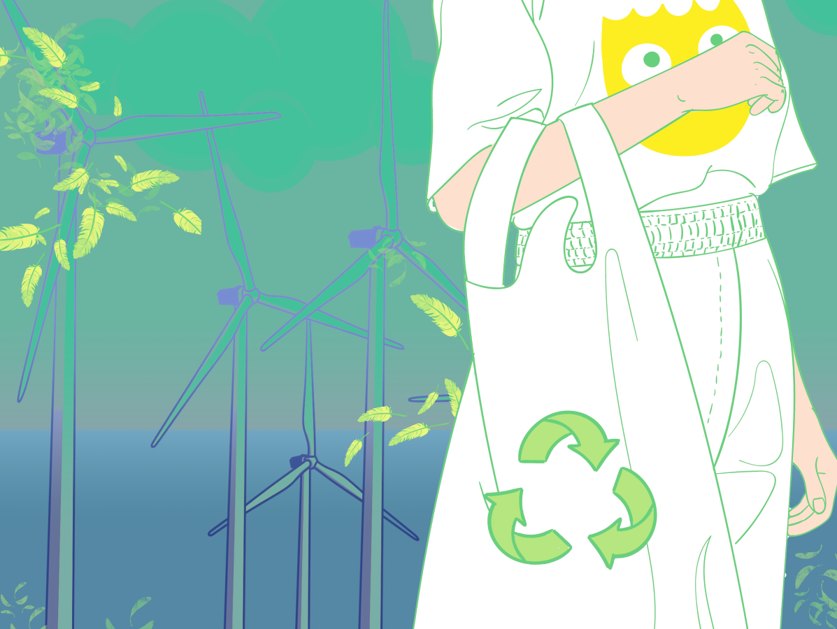 An illustration of wind turbines and a woman with a tote bag