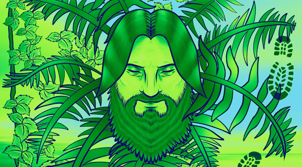 An illustration of a bearded man in the center of a kaleidoscope of foliage.
