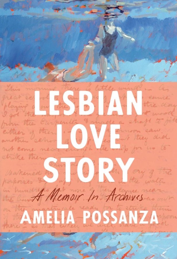 Book cover for "Lesbian Love Story: A Memoir in Archives" by Amelia Possanza, showing photograph in upper third of two young girls playing underwater