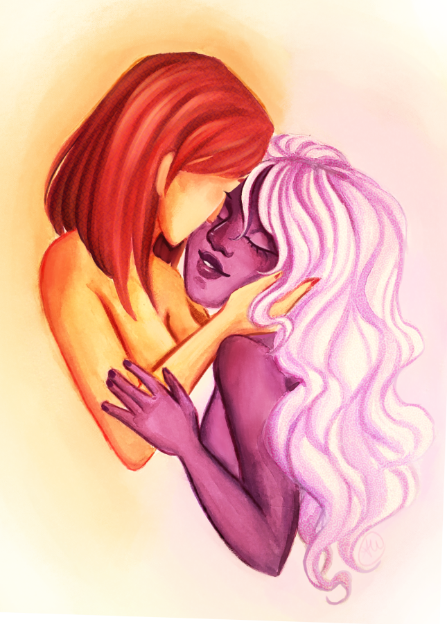 Drawing in fan-fiction style of two young women embracing