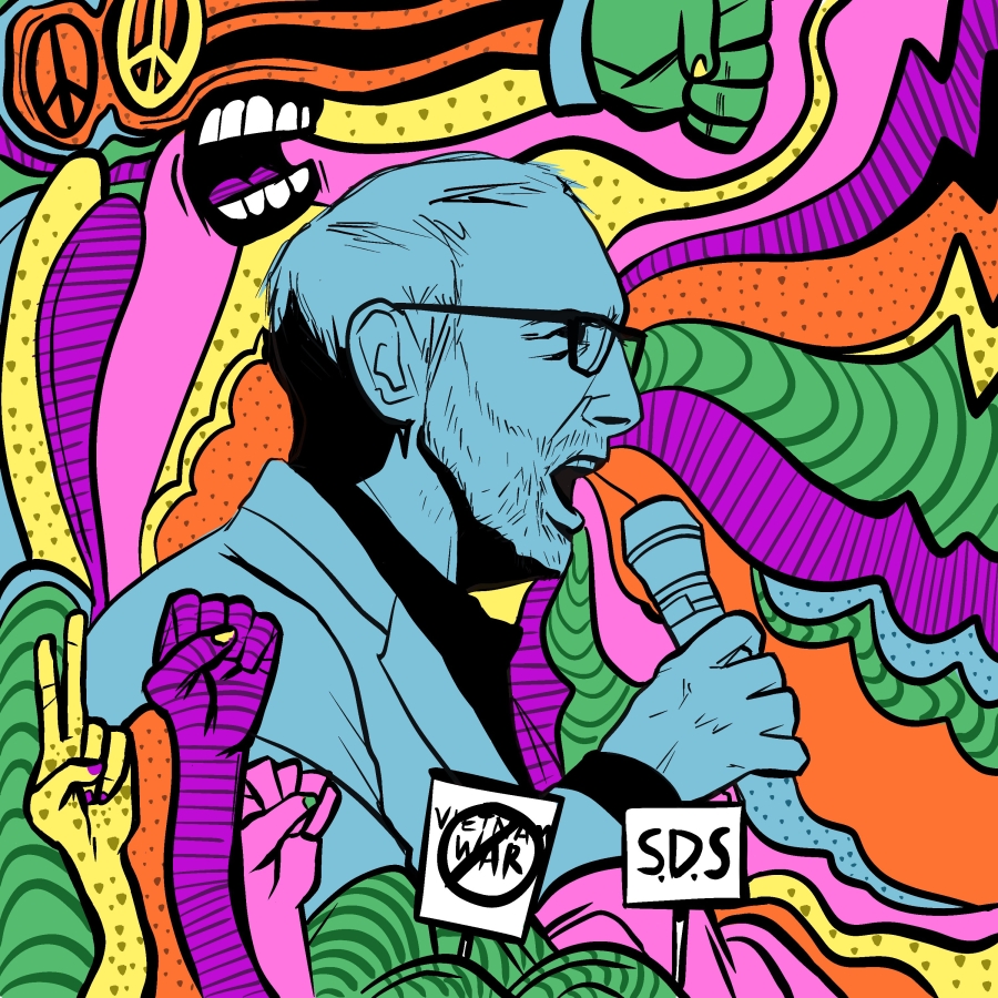 Psychedelic illustration of former Seattle City Councilmember Nick Licata speaking into a mic
