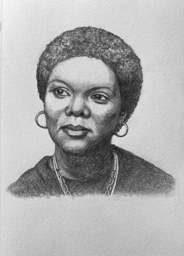 Grayscale drawing of Lucille Clifton, Black woman with short hair and hoop earrings