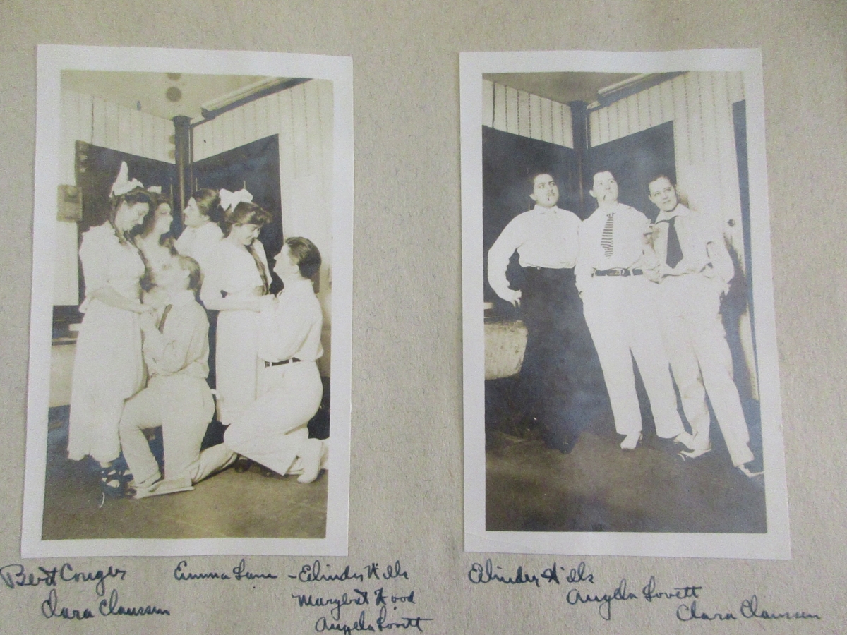 Two snapshots, side by side, depicting young people in 1920s garb posing with each other. Snapshot on right shows three women dressed as men