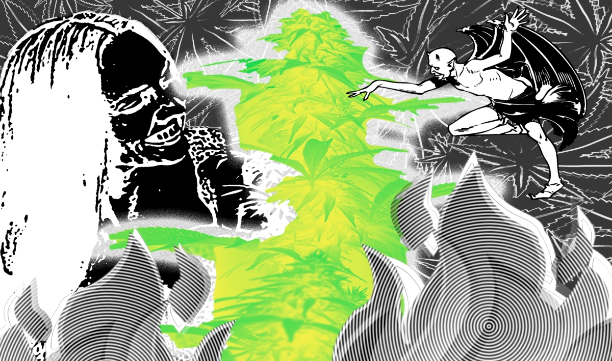 Psychedelic-style illustration featuring marijuana plant at center, flanked by grinning woman's face and little devil-creature.