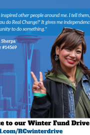 Asian woman with shoulder-length hair and sunglasses on head smiles and flashes peace sign, over sign soliciting donations to Winter Fund Drive.