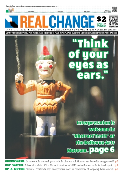 Photograph of painted sculpture of harlequin figure, under headline, "Think of your eyes as ears"