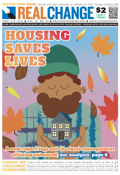 Headline, "Housing Saves Lives," over cartoon drawing of light brown-skinned man with brown beard, in green hat, behind a two-story house with lighted windows, being held up in two brown hands