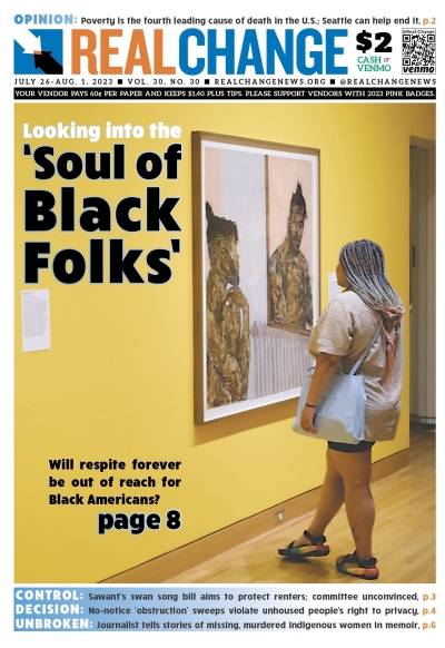 Black woman with dreadlocks stands in front of painting in a gallery, under headline, "Looking into the 'Soul of Black Folks'"