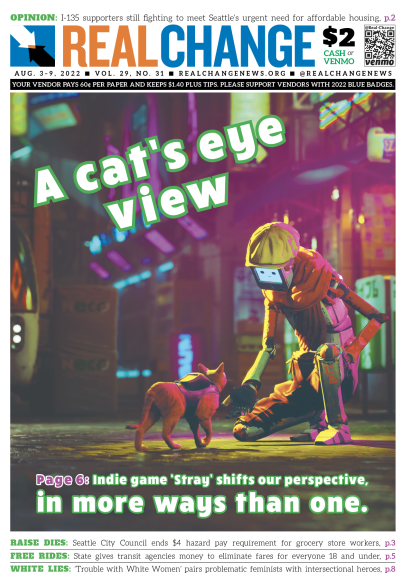 A robot with a screen for a face kneels and beckons a cat, seen from behind, who is wearing a screen on their back. Headline reads, "A cat's eye view."