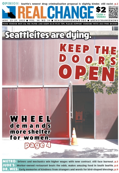 Photograph of an open door in a windowless pink building, under the headline, "Seattleites are dying. Keep the doors open"