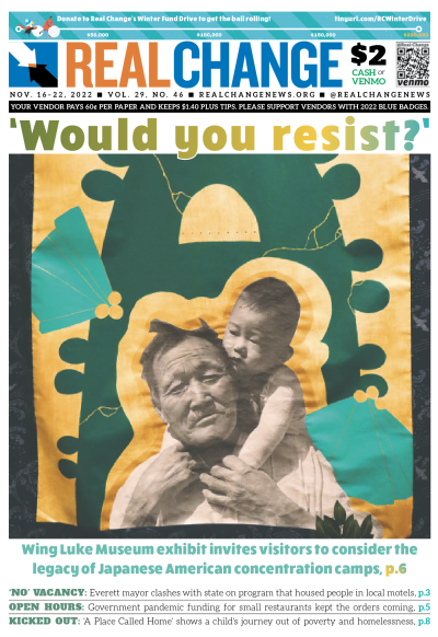 Older Japanese man holds child on shoulders below a headline reading, "Would you resist?"