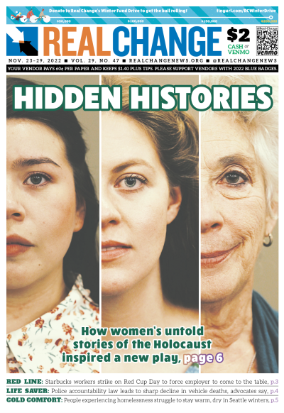Three panels showing photographs of part of a woman's face; left shows young Latina-looking woman, center shows young white woman, right shows older white woman