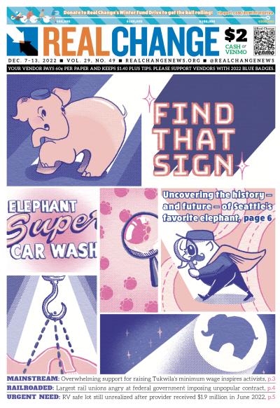 Comic-book style panels showing iconic pink elephant from Seattle's Super Car Wash sign