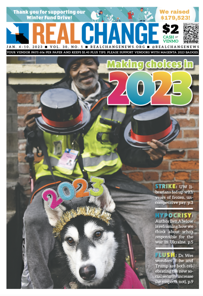 Older Black man in yellow vendor's jacket holding two top hats, along with image of husky dog wearing "2023" tiara, under headline, "Making Choices in 2023."