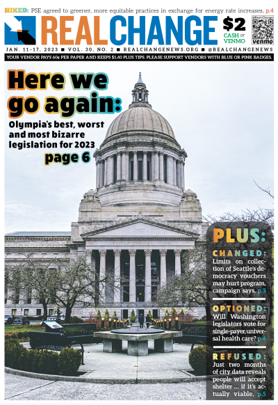 Photograph of the Legislative Building in Olympia, with headline, "Here We Go Again"