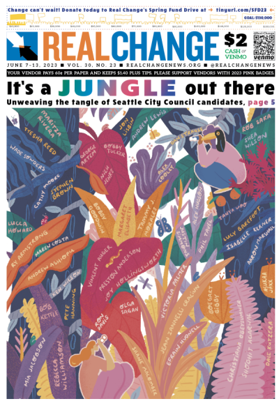 Headline reads, "It's a JUNGLE out there," over drawing of rainforest leaves and plants in hues of red and blue, each inscribed with a different City Council candidate's name