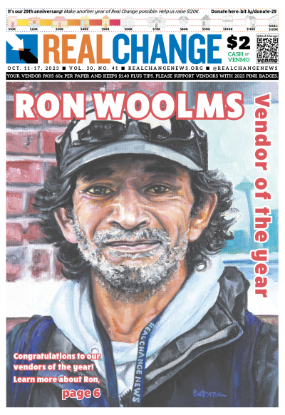 Drawing of face of man with wavy dark hair and gray mustache and close-cropped beard, wearing black cap, under headline "Ron Woolms Vendor of the Year"