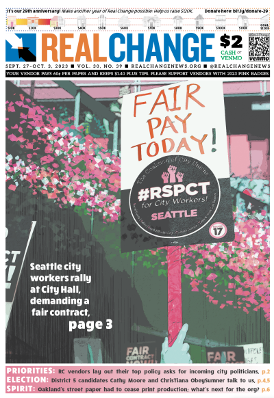 Colorized photograph in hues of pink and white of sign being held up reading, "Fair Pay Today!"