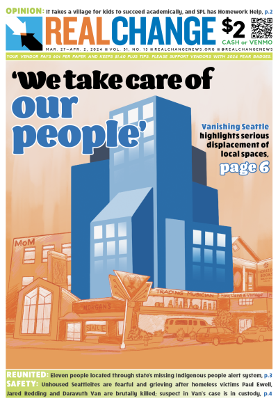 Blue skyscrapers rise out of orange unique buildings in a Seattle landscape, with the text "We take care of our people" as the main headline.