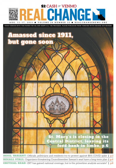 St. Mary’s is an iconic church on 20th Avenue South in the Central District, where property values are soaring. The church's food bank, like this stained glass depicting the building, is in jeopardy. Photo by staff reporter Samira George, who reports more