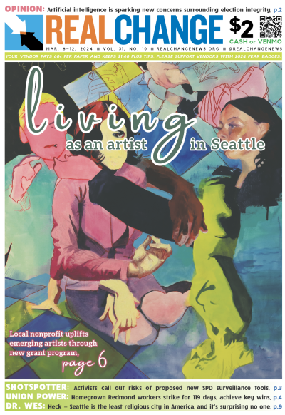 The Living Artists Collective awarded grants to three local artists, including Rowan Eriksson, whose 2023 piece “Kaleidoscope” is featured on our cover. Real Change associate editor Marian Mohamed spoke to all three about what the support means to them, p