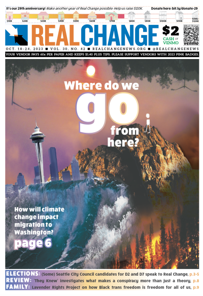 Collage-style photograph showing wildfires, tsunami waves, stick figure standing on a cliff, and Space Needle, with headline, "Where do we go from here?"