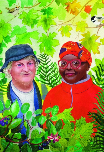 Drawing of blue-eyed white man with beard and cap standing next to black woman in glasses and multicolored turban, in wooded setting