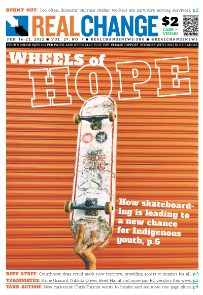 A hand holds up a skateboard against an orange background under the words, "Wheels of Hope."